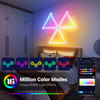 HighPeak NeonMatrix LED light bars creating geometric triangle pattern in pink, blue, and yellow on bedroom wall