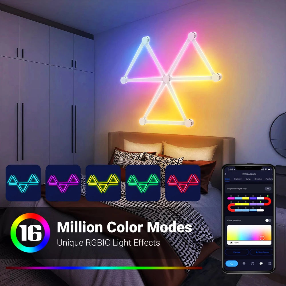 HighPeak NeonMatrix LED light bars creating geometric triangle pattern in pink, blue, and yellow on bedroom wall