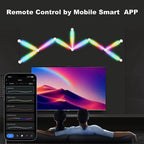 HighPeak NeonMatrix LED light bars in rainbow colors mounted above TV with smartphone app control display