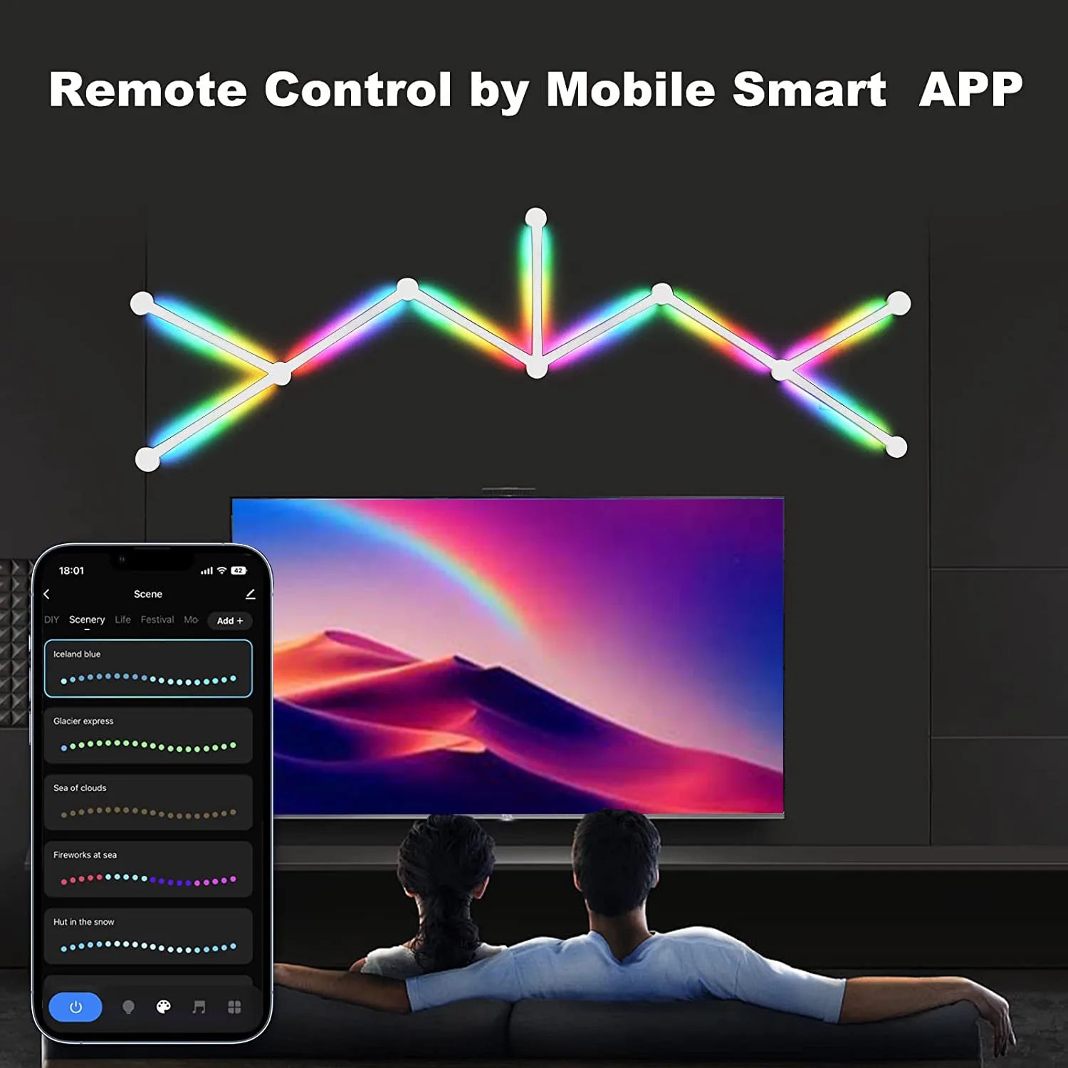 HighPeak NeonMatrix LED light bars in rainbow colors mounted above TV with smartphone app control display