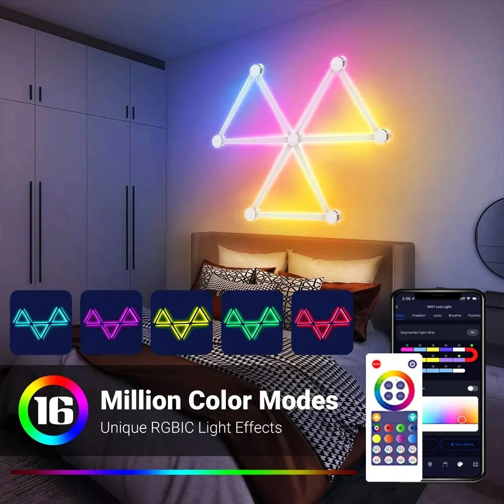 HighPeak NeonMatrix LED light bars in triangle formation glowing pink, blue, and yellow on bedroom wall with app control display