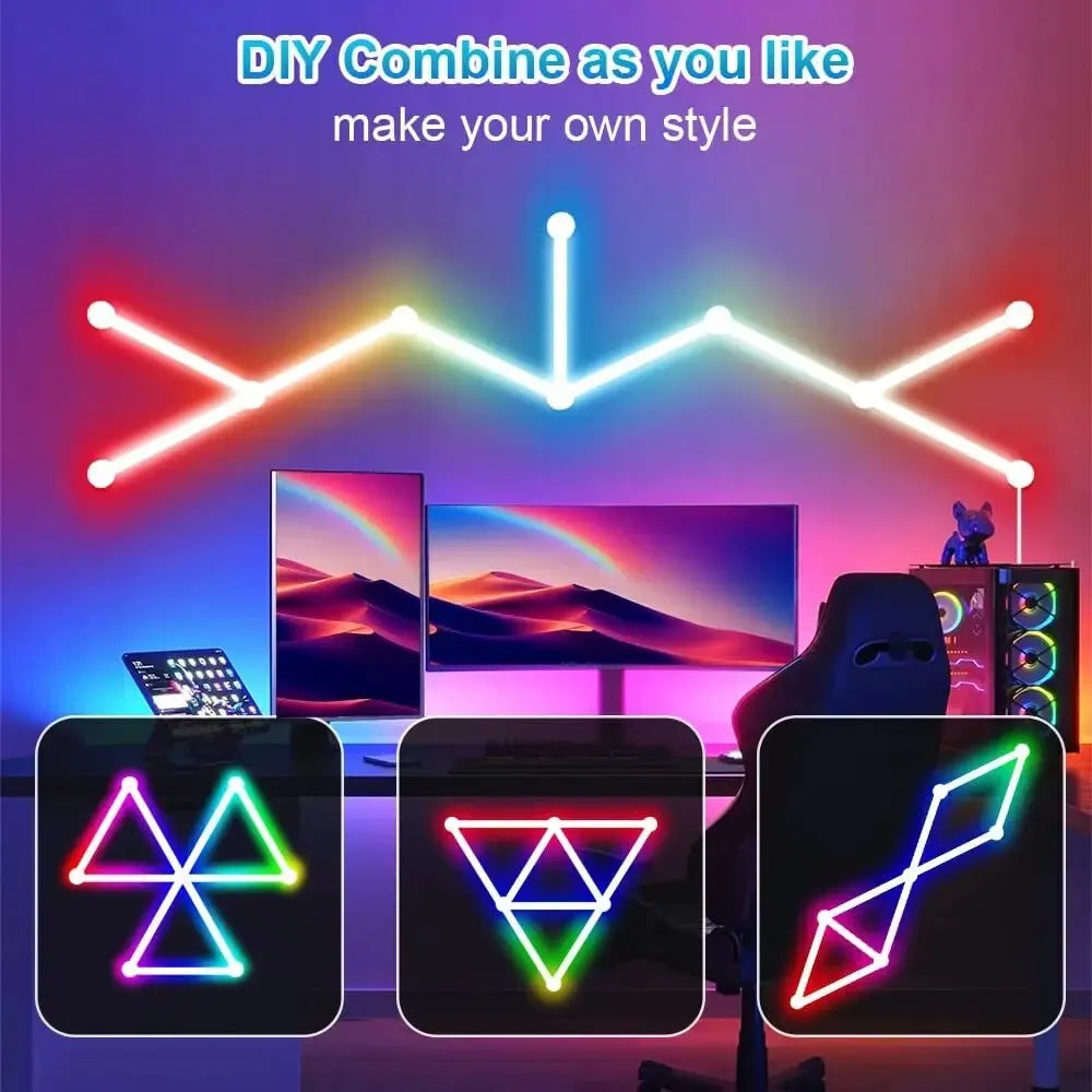 HighPeak NeonMatrix modular LED light bars displaying customizable geometric patterns in vibrant neon colors behind gaming setup
