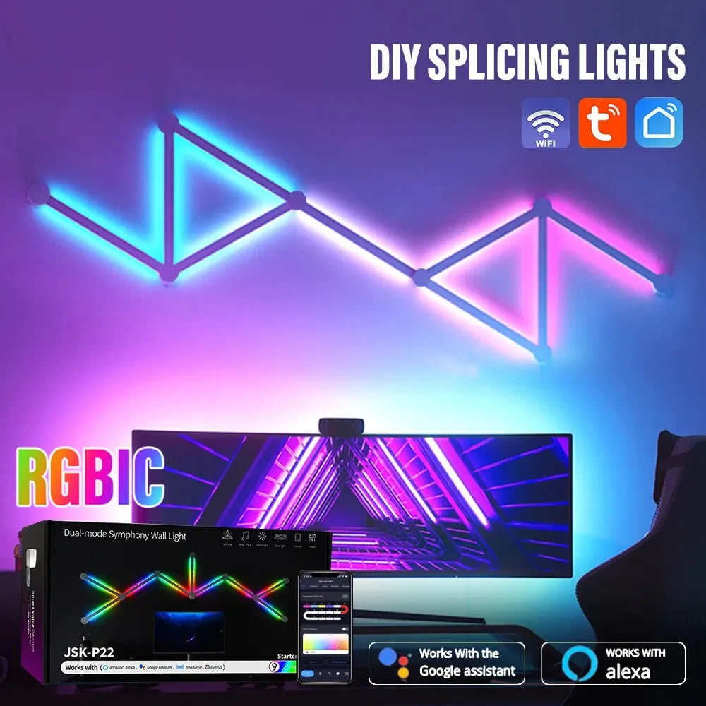 HighPeak NeonMatrix modular LED light bars in blue and pink arranged in geometric triangle pattern with smart app display