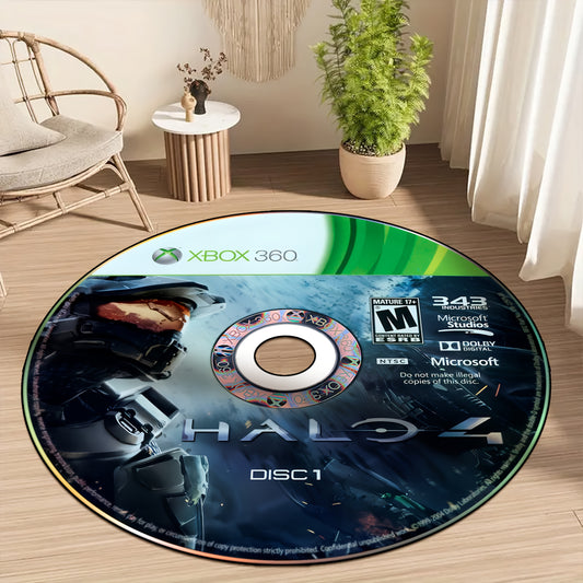HighPeak Nostalgic Gaming Rug featuring Xbox 360 Halo disc design on round area rug in modern living space with natural decor