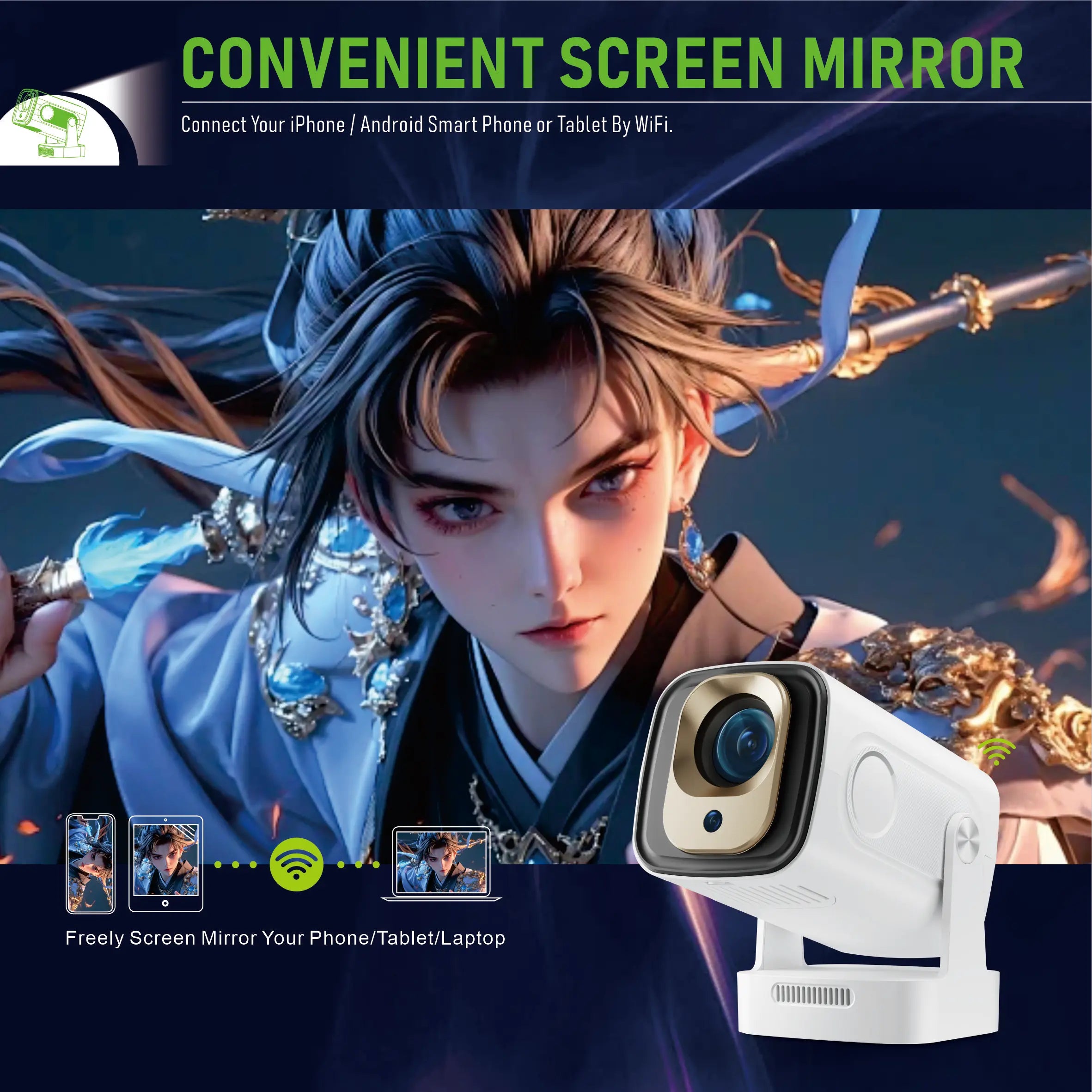 HighPeak NovaPro compact white projector with screen mirroring feature showing anime content and WiFi connectivity display