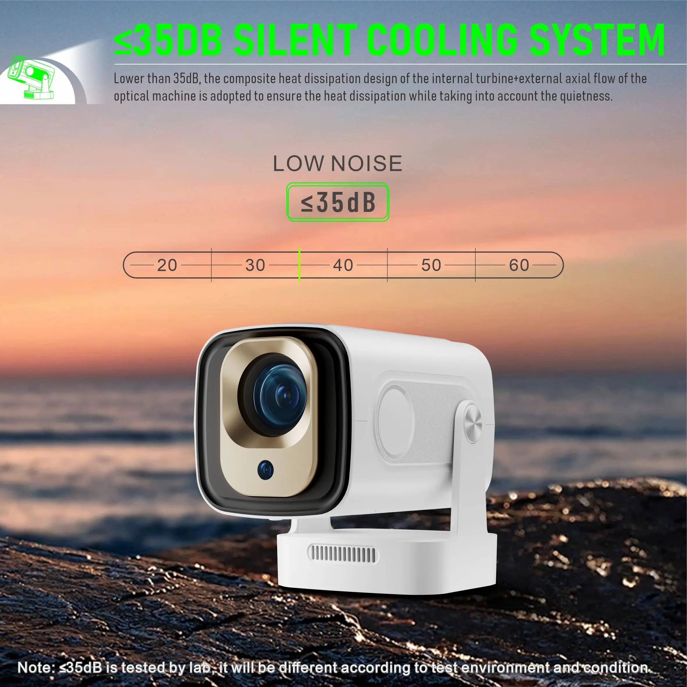 HighPeak NovaPro compact white projector with silent cooling system shown outdoors at sunset demonstrating 35dB noise level