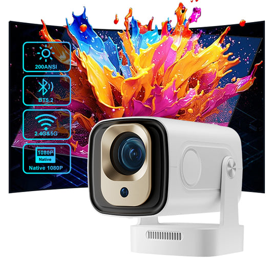 HighPeak NovaPro projector in white with gold lens accent displaying vibrant color splash demo on curved black screen