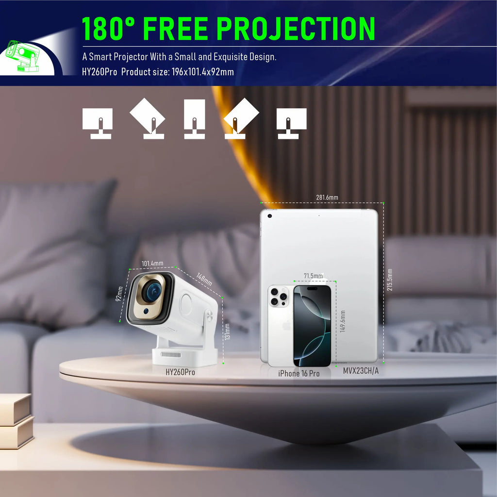 HighPeak NovaPro projector with 180-degree rotation feature shown next to mobile devices in modern home setting