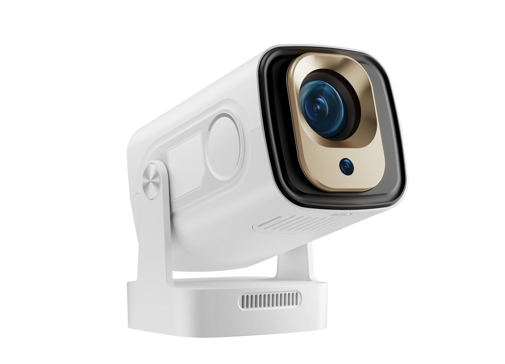 HighPeak NovaPro smart projector in white with gold-accented lens, featuring rotatable design and modern square housing