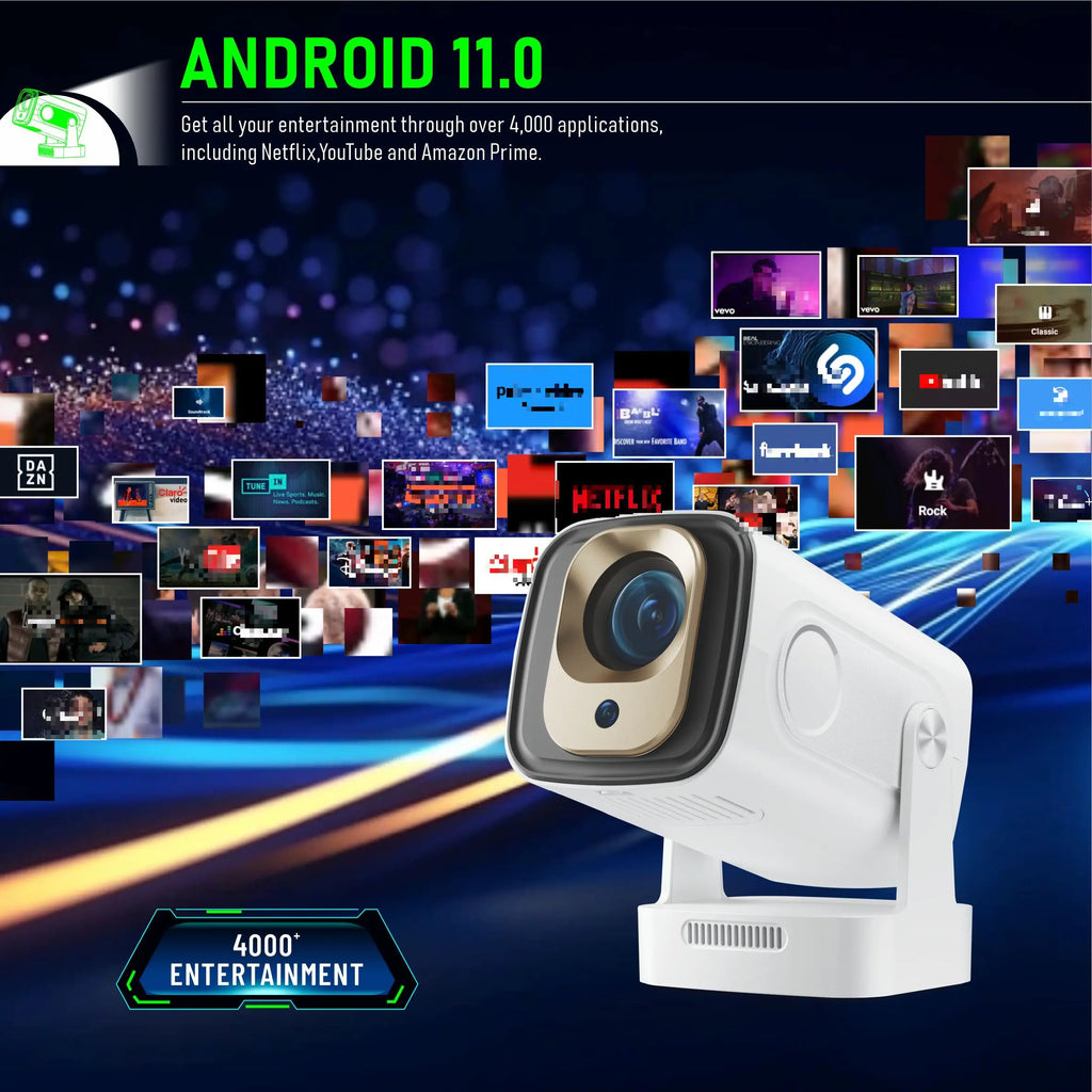 HighPeak NovaPro white smart projector with Android 11 interface showing streaming apps and entertainment icons on blue background