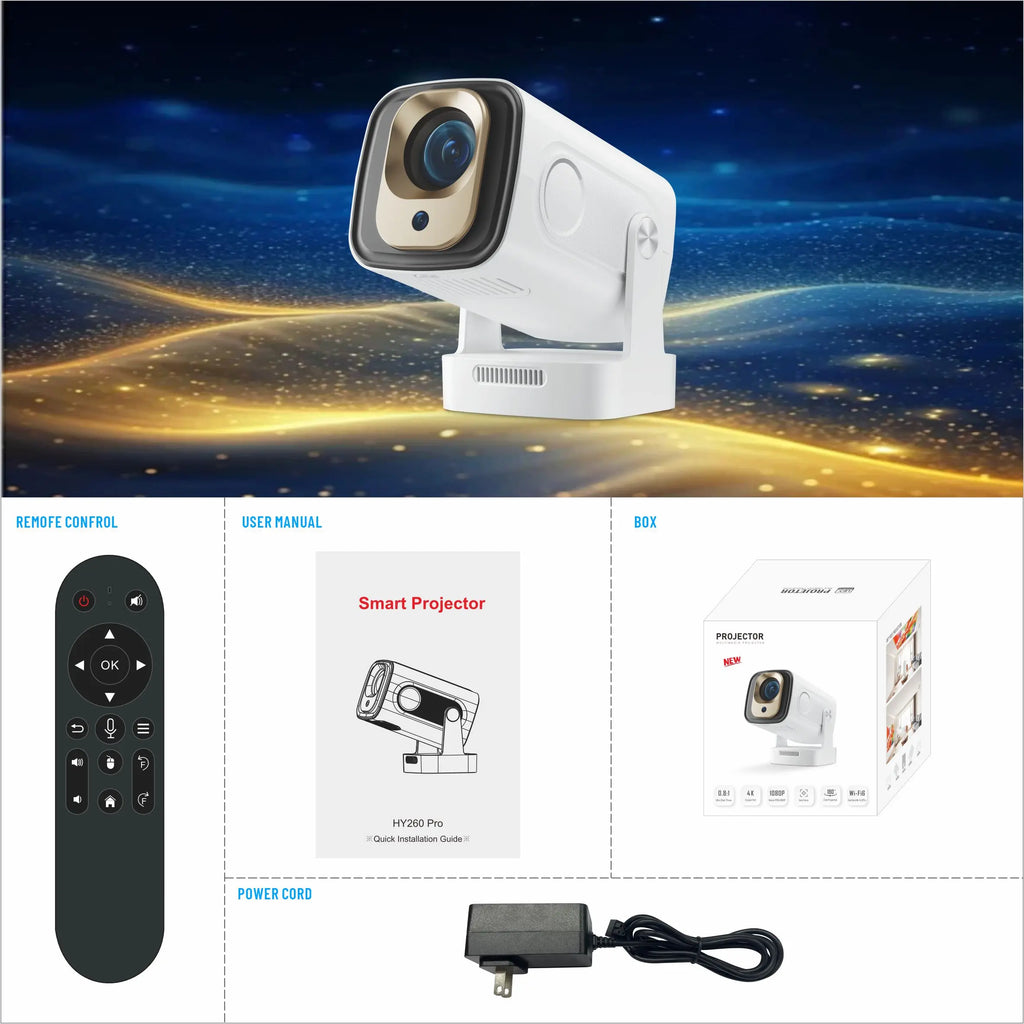 HighPeak NovaPro white smart projector with remote control, mounted on rotating base against starry background