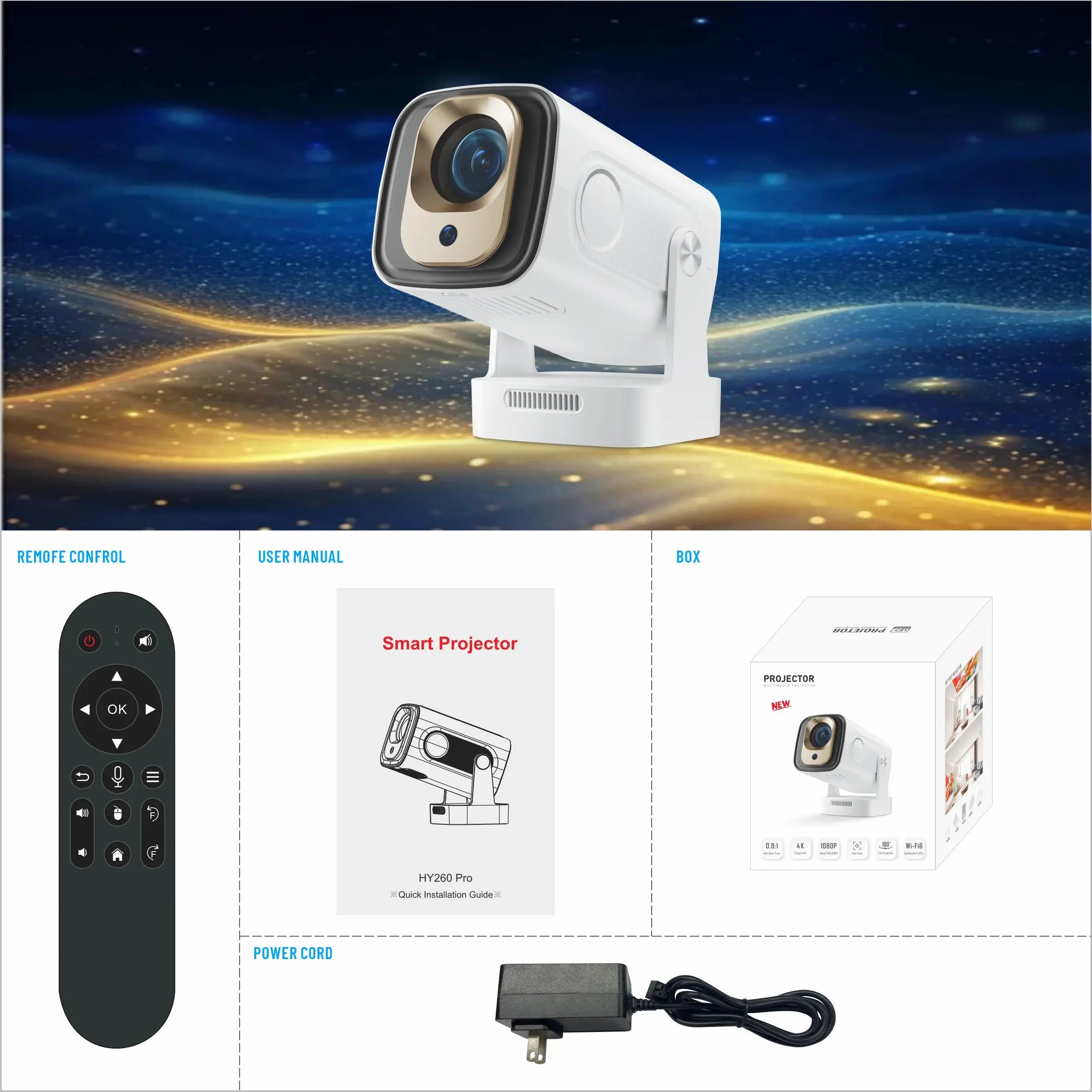 HighPeak NovaPro white smart projector with remote control, mounted on rotating base against starry background
