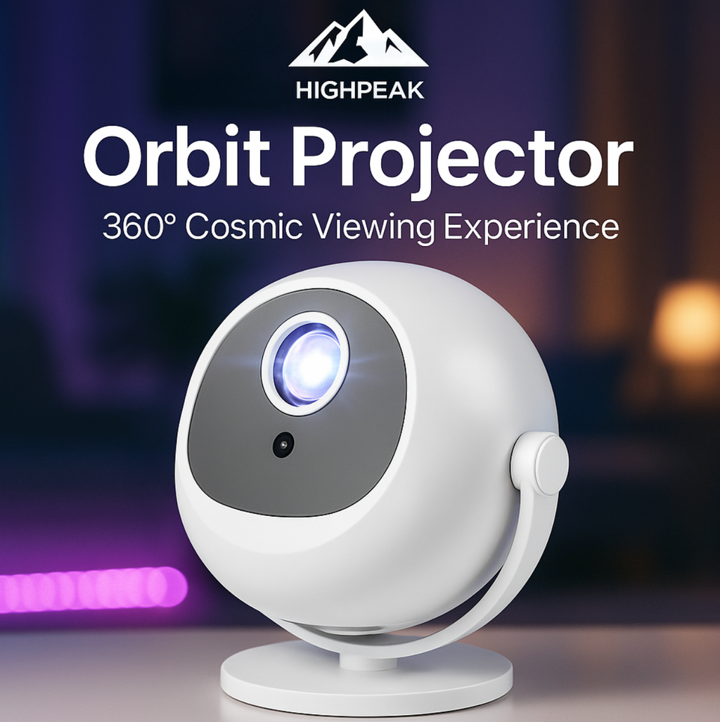 HighPeak OrbitX projector in white spherical design with 360-degree rotation stand and blue LED lens illumination