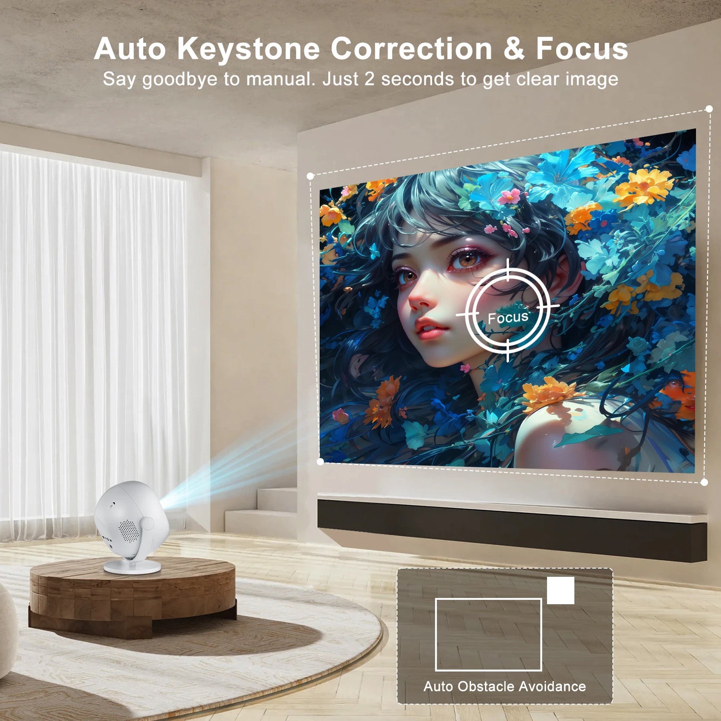 HighPeak OrbitX projector demonstrating auto keystone correction on white wall in modern living room with minimalist decor