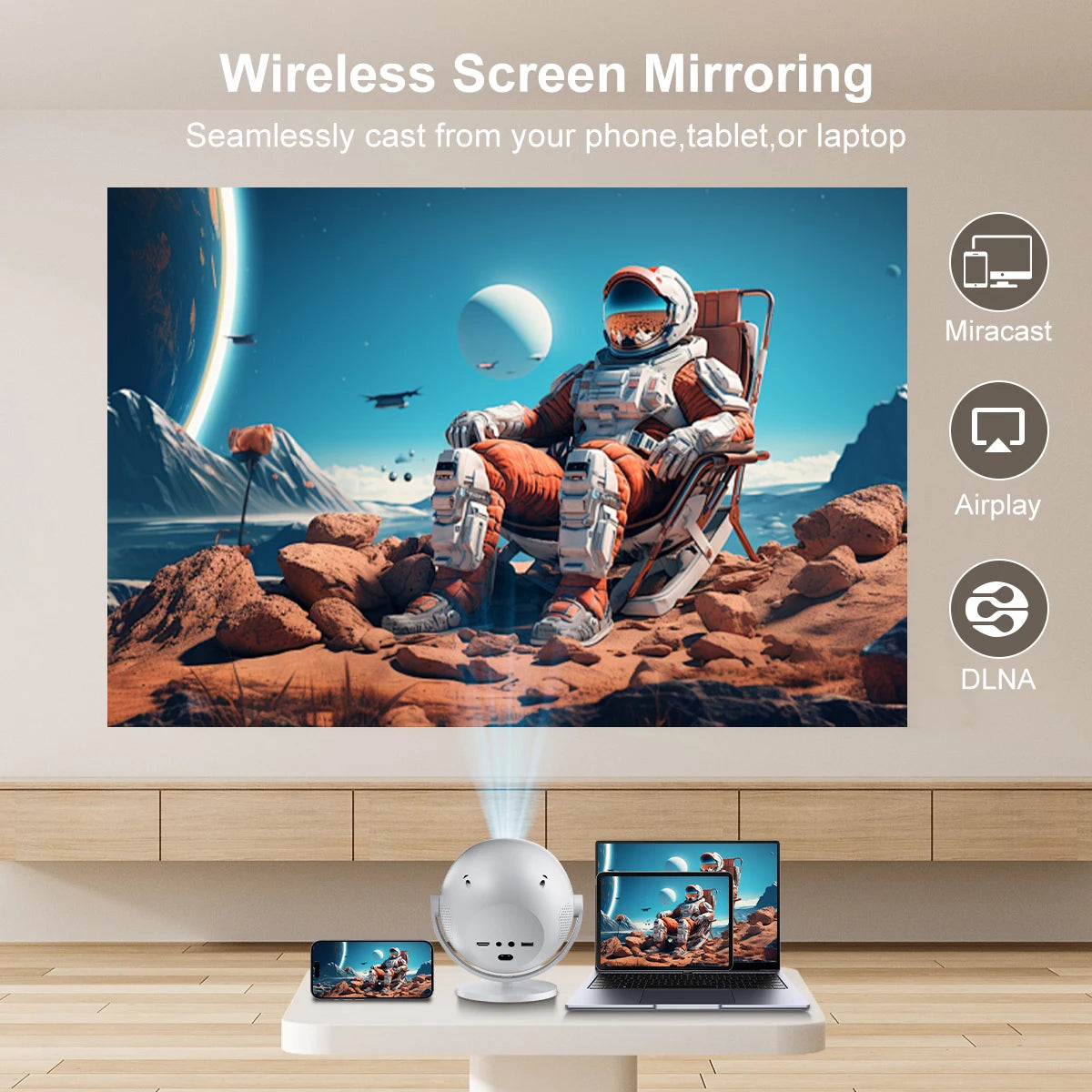 HighPeak OrbitX projector displaying astronaut scene with wireless mirroring features, casting clear 4K image on white wall