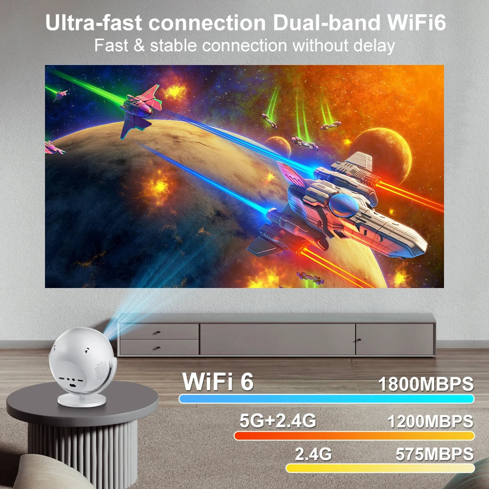 HighPeak OrbitX projector displaying space battle scene, showcasing WiFi6 connectivity and rotating design on gray stand