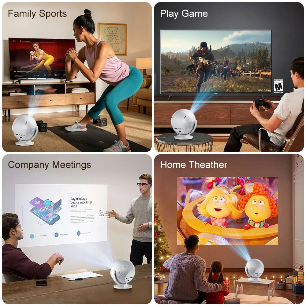 HighPeak OrbitX projector displaying versatile use in gaming, fitness, meetings and home theater with 360-degree rotation feature