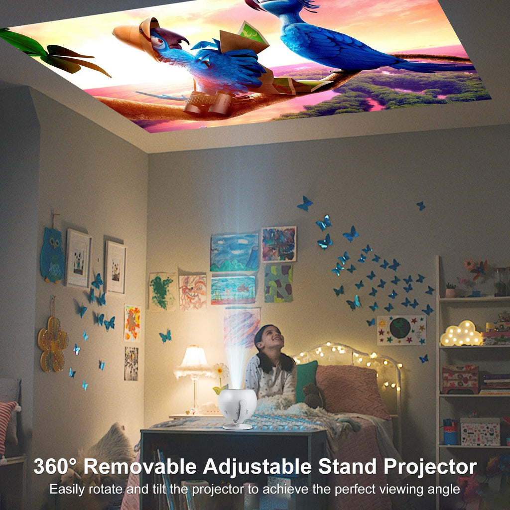 HighPeak OrbitX projector displaying vibrant blue animated scene on bedroom ceiling with butterfly wall decor and ambient lighting