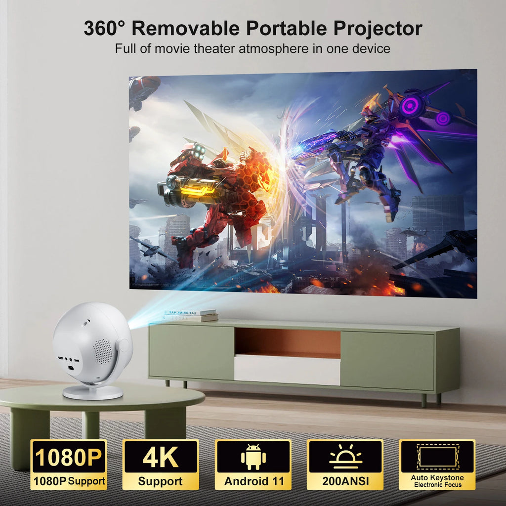 HighPeak OrbitX projector displaying vibrant gaming scene on wall, showcasing 4K quality and 360-degree design in modern living room