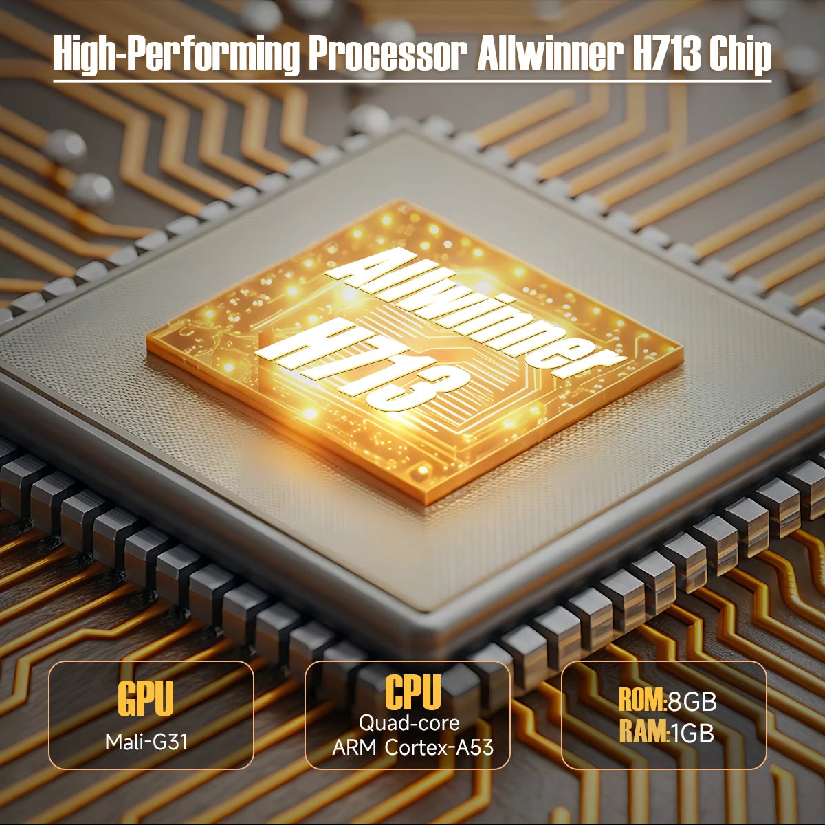HighPeak OrbitX projector processor chip with Allwinner H713 technology, featuring golden circuitry and CPU specifications display