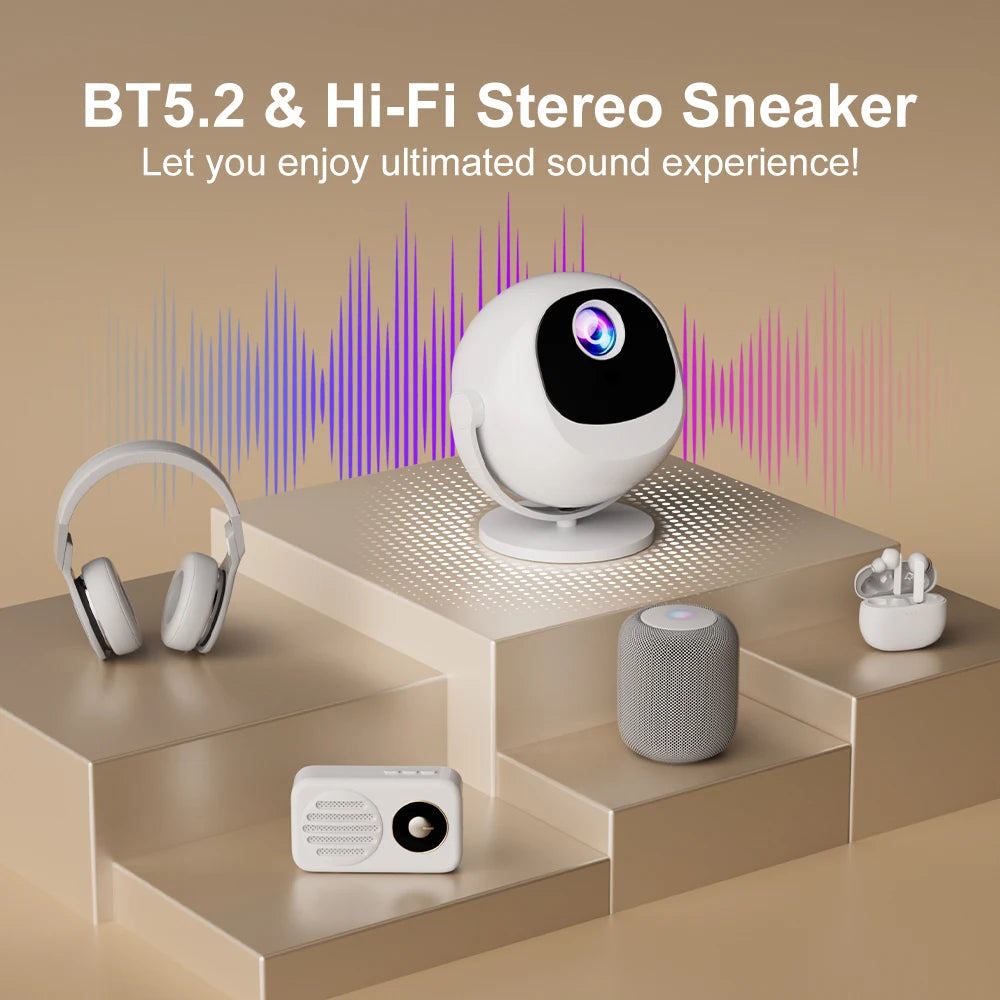 HighPeak OrbitX smart projector in white spherical design with LED display on minimalist beige platform with audio devices