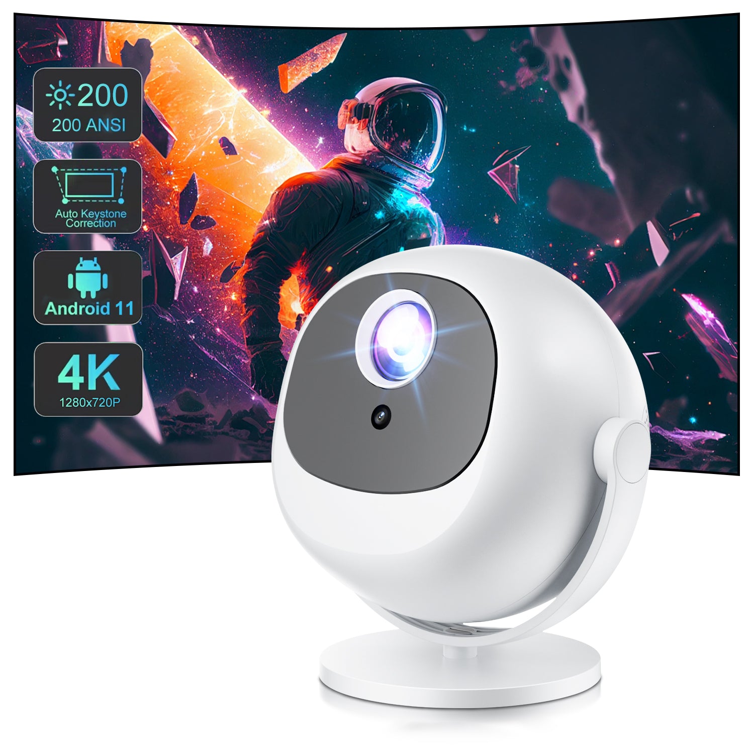 HighPeak OrbitX white spherical projector displaying 4K space scene with vibrant orange and purple cinematic effects