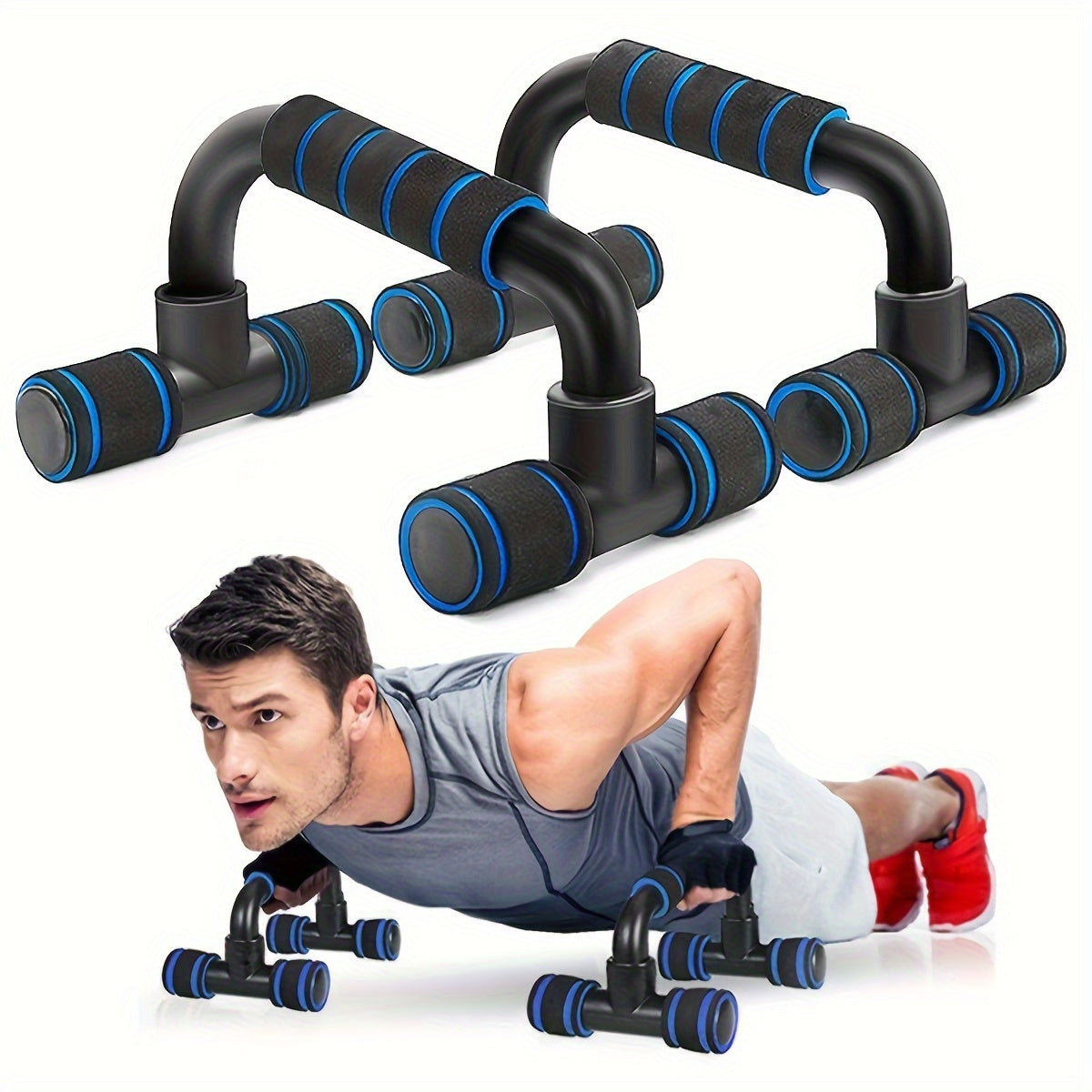 PalmGrip™ push-up bars in black with blue grips used by man performing push-ups for upper body strength.
