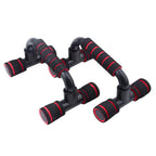 PalmGrip™ - Push-Up Bars in black with red foam grips and stable tri-base design for ergonomic upper body workouts.