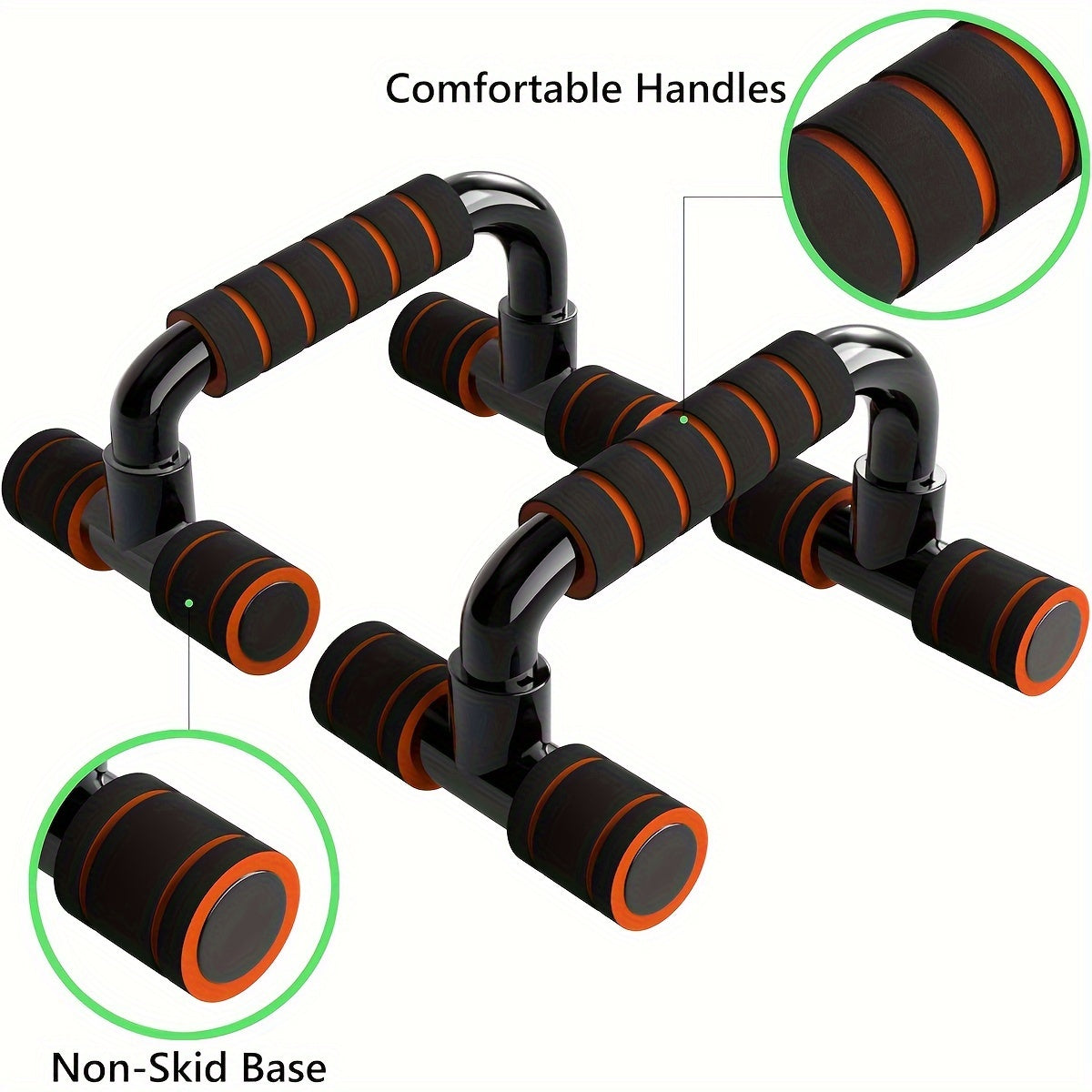 PalmGrip™ push-up bars in black with orange foam grips, featuring a non-skid base and ergonomic handles for stability and comfort.