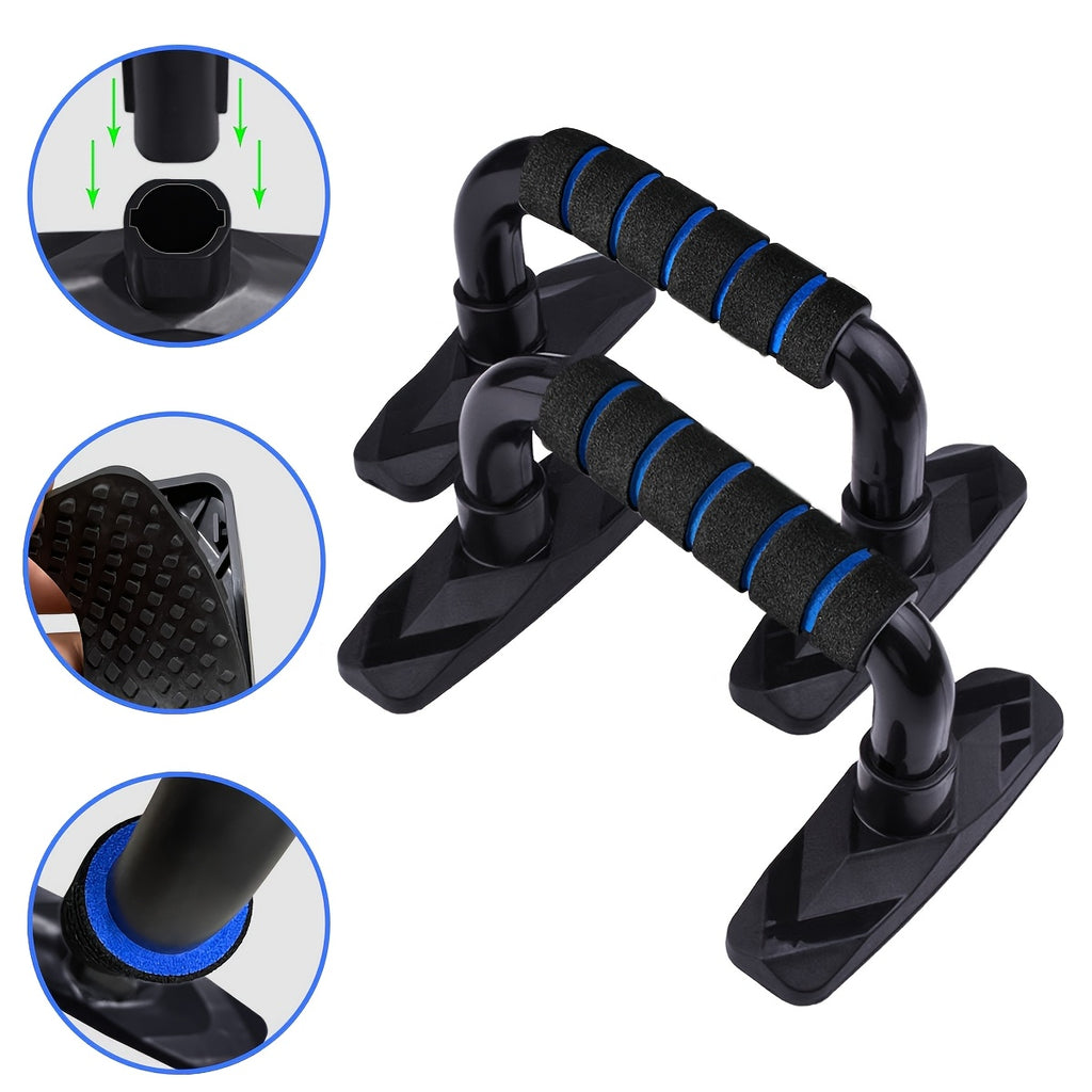 PalmGrip™ push-up bars in black with blue foam grips and stable tri-base design by HighPeak, shown with non-slip features.