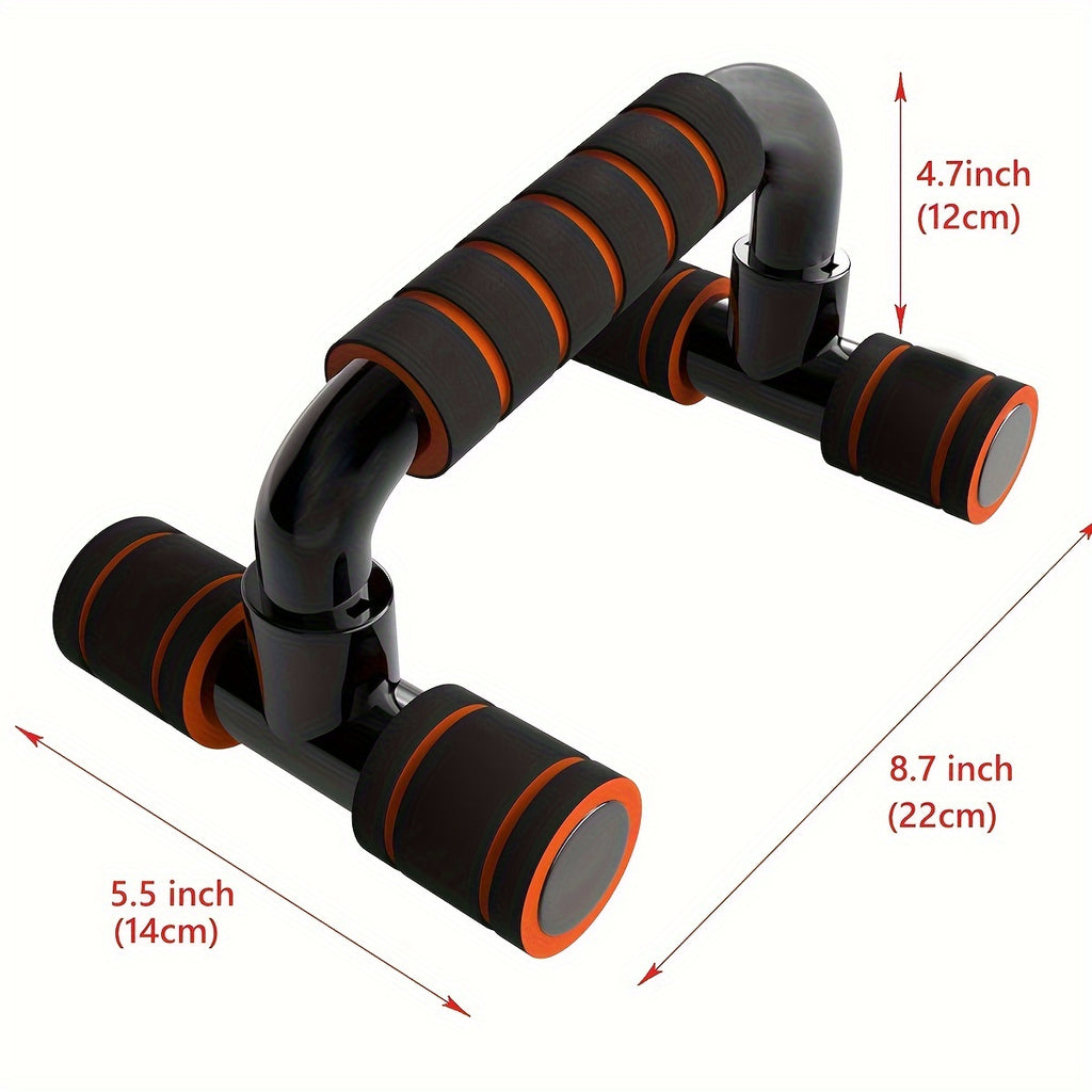 PalmGrip™ push-up bars with black and orange foam grips showing ergonomic design and product dimensions
