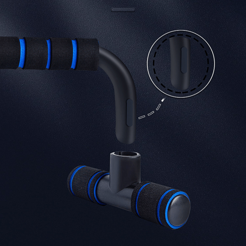 PalmGrip™ Push-Up Bars in black with blue foam grips showing ergonomic design and stable tri-base construction