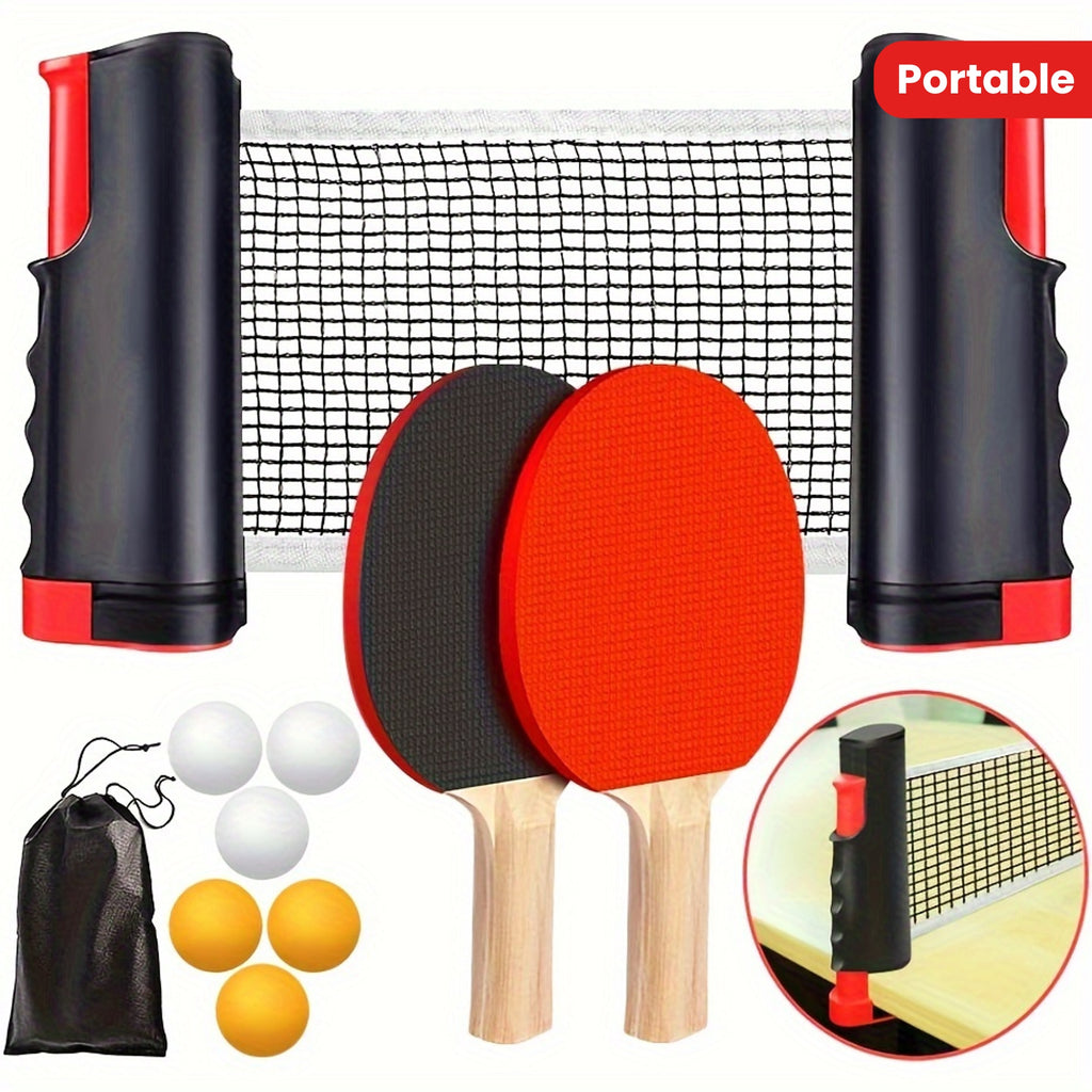 HighPeak PingPro™ portable table tennis set with red paddles and carry pouch on white background