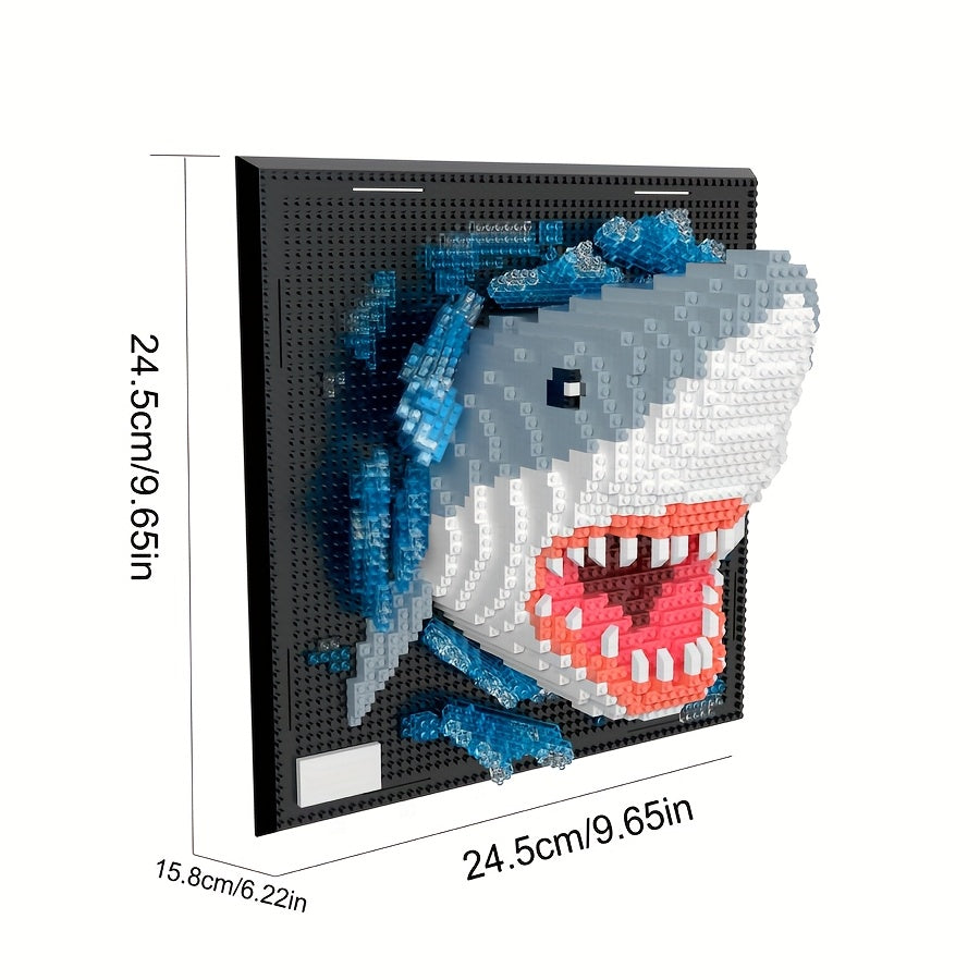 HighPeak PixelBrick Art 3D shark wall decor with blue, grey, and red blocks in dimensional display - marine themed brick art