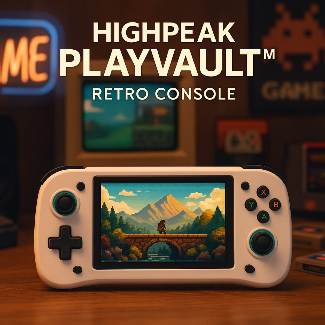 HighPeak PlayVault retro gaming console displaying pixel art game with mountain landscape on HD screen against dark backdrop