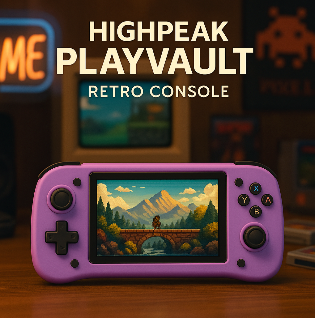 HighPeak PlayVault retro gaming console in purple displaying pixel art game on HD screen against vintage gaming backdrop