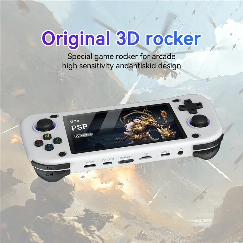 HighPeak PlayVault handheld gaming console in white with 4.3 HD display and 3D rocker controls shown against abstract background
