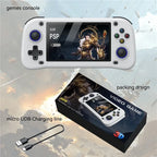 HighPeak PlayVault handheld gaming console in white with blue buttons showing PSP game screen and retail packaging