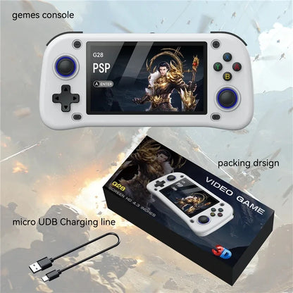 HighPeak PlayVault handheld gaming console in white with blue buttons showing PSP game screen and retail packaging
