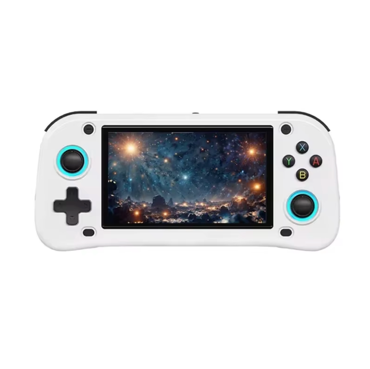 HighPeak PlayVault handheld gaming console in white with turquoise controls displaying cosmic space scene on HD screen