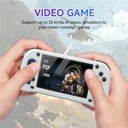 HighPeak PlayVault handheld gaming console shown in white with 4.3 HD display featuring PSP game interface and controls
