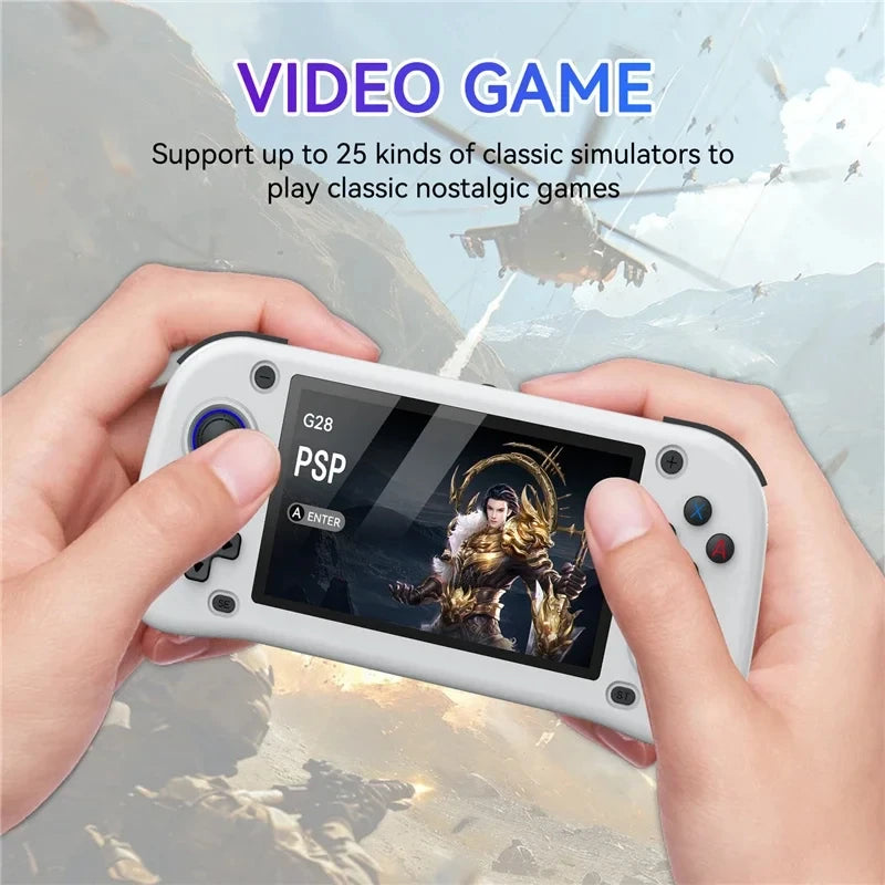 HighPeak PlayVault handheld gaming console shown in white with 4.3 HD display featuring PSP game interface and controls