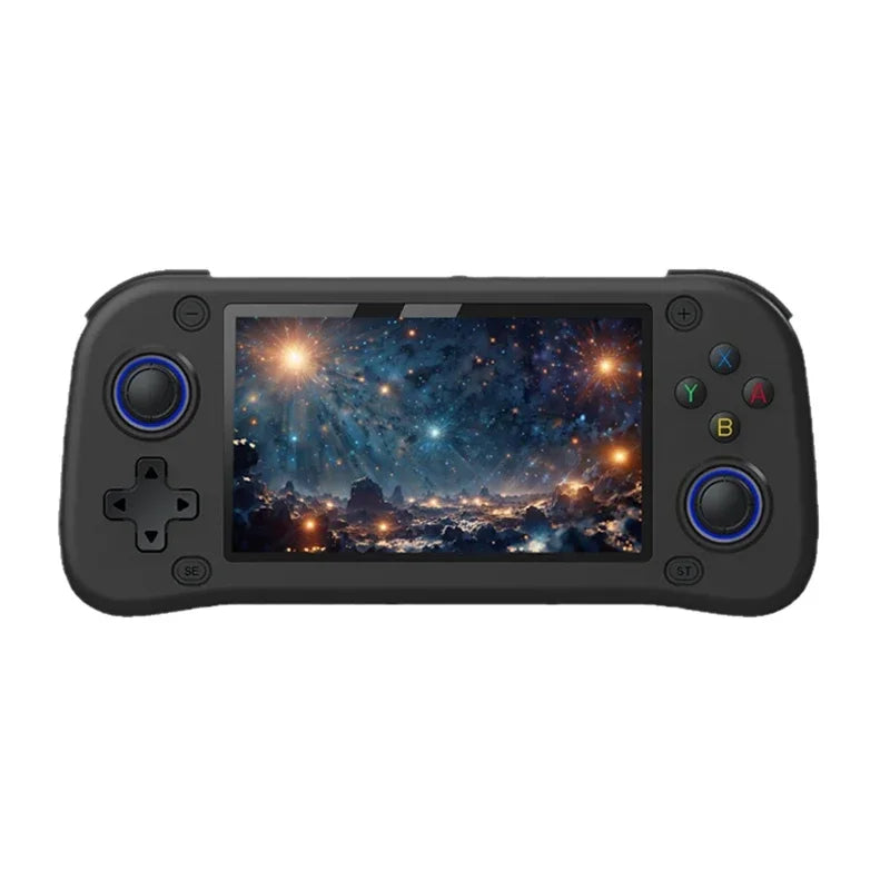 HighPeak PlayVault handheld gaming console with 4.3 inch HD display, black case and blue joysticks showing space scene