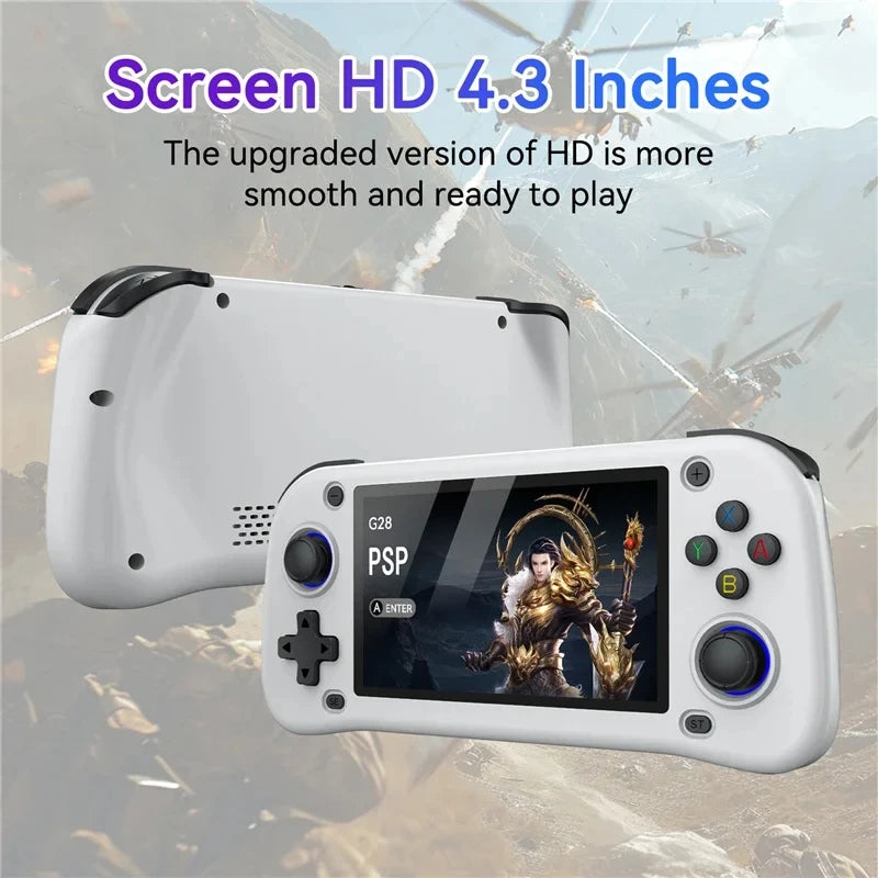 HighPeak PlayVault retro gaming console in white with 4.3-inch HD display and ergonomic controls shown against light background