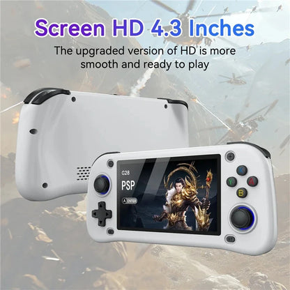 HighPeak PlayVault retro gaming console in white with 4.3-inch HD display and ergonomic controls shown against light background