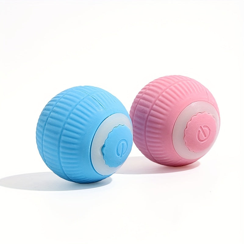 HighPeak PounceBall smart cat toy in blue and pink with textured surface and self-rolling design on white background