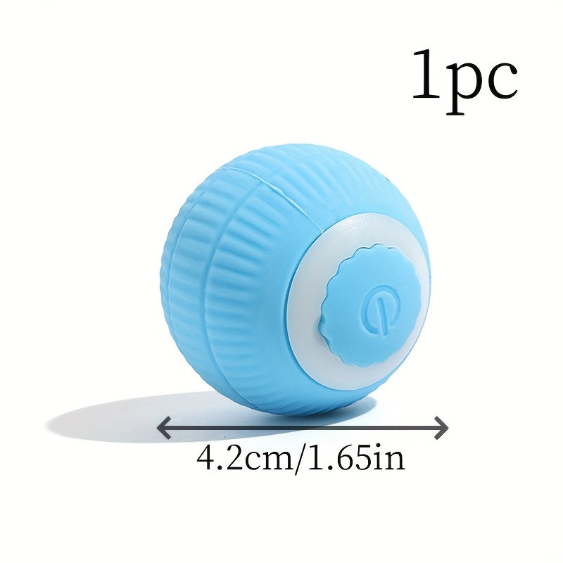 HighPeak PounceBall smart cat toy in light blue and white, self-rolling interactive ball on white surface with shadow