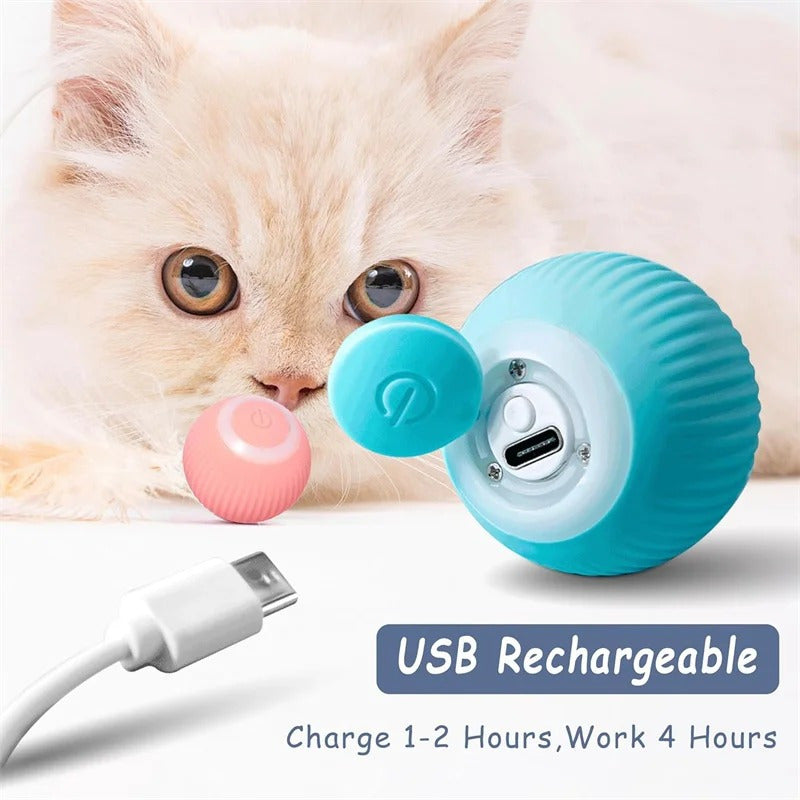 HighPeak PounceBall smart cat toy in turquoise with USB charging port, shown with pink ball and curious cat