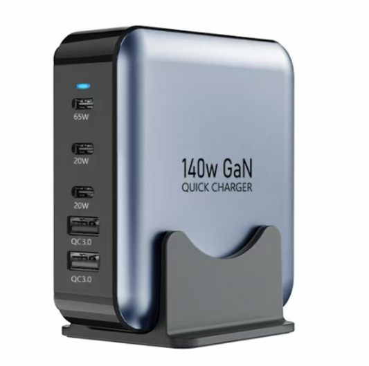 HighPeak Power Bank 140W GaN charger with multiple USB ports in metallic silver and black, vertical charging station design