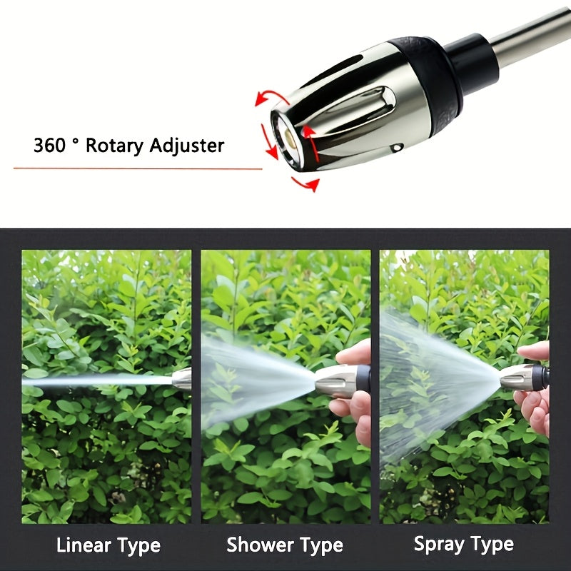 HighPeak ProClean car wash gun with 360-degree rotary nozzle showing three spray patterns for versatile outdoor cleaning